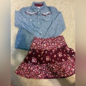 Gymboree Blue Denim and Burgundy Floral Skirt Set